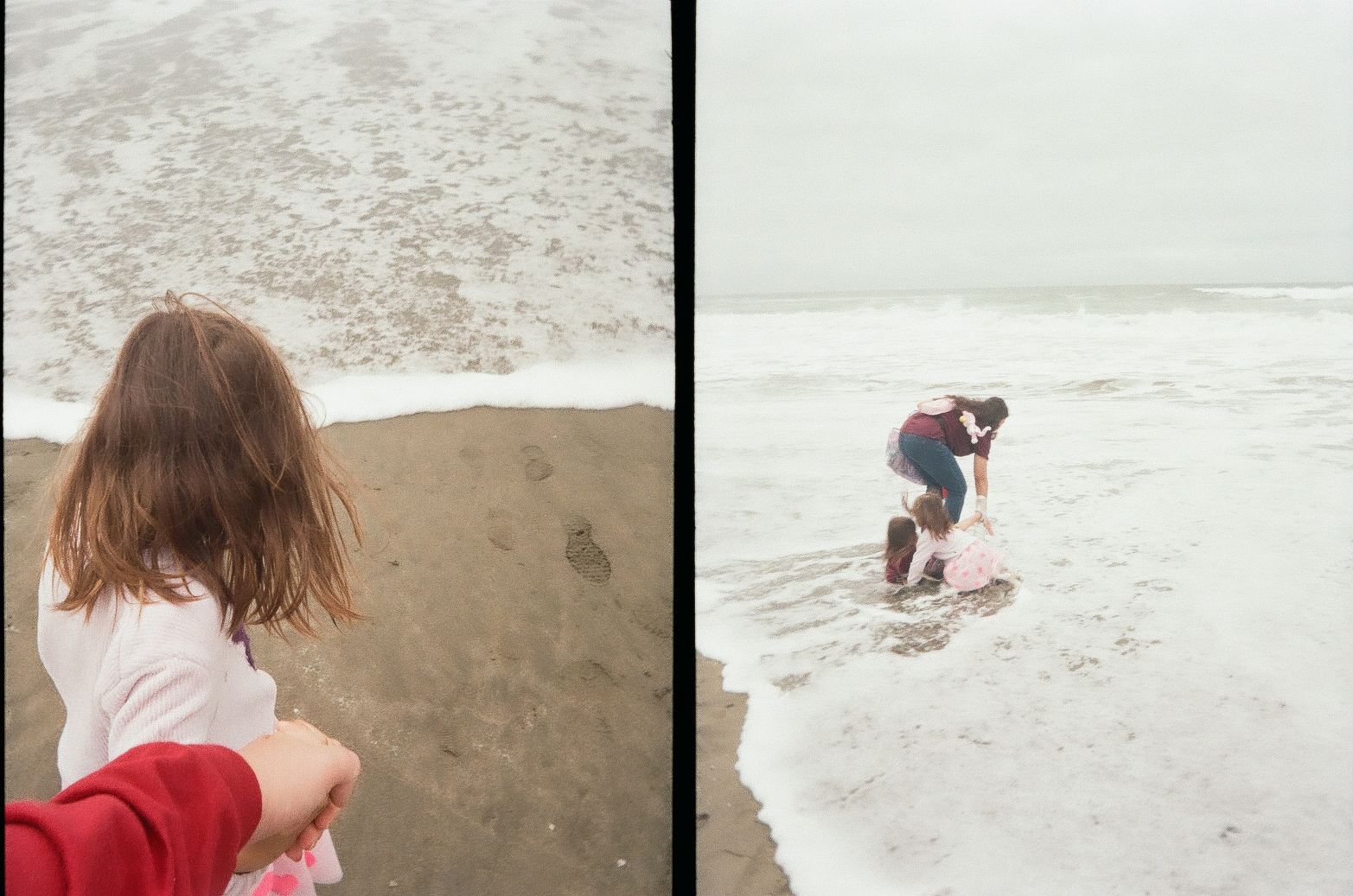 A person is holding a child's hand while they stand near the shore in one frame, and in the other frame, the child is being pulled out of the water by an adult on a beach.