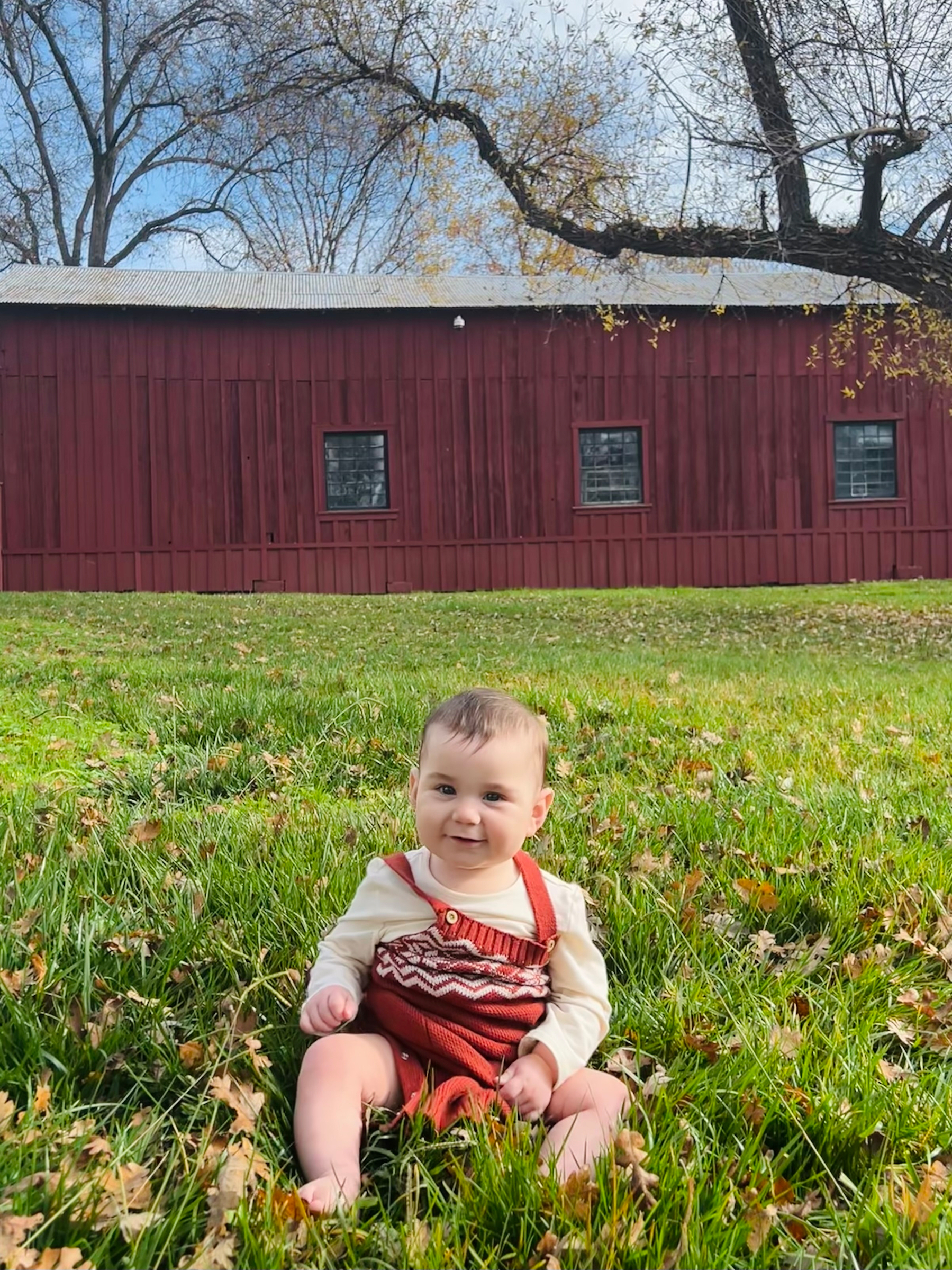 A baby sitting on a green field in front of a red barn.