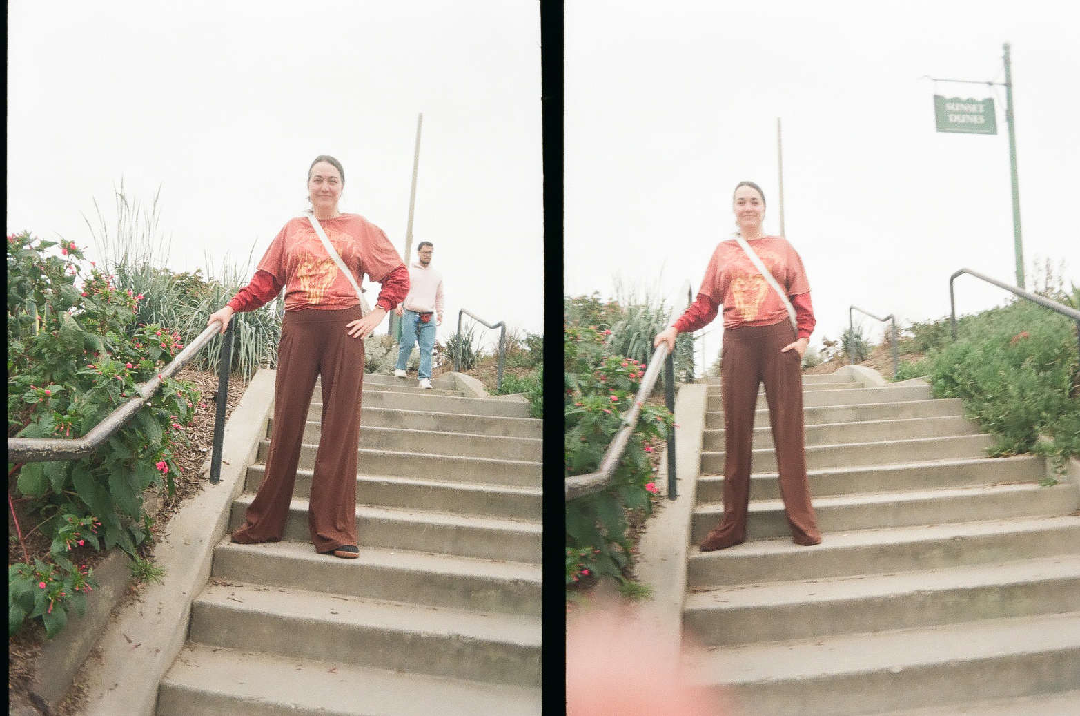 A person wearing a red sweatshirt and brown pants is standing on outdoor concrete steps with greenery and a railing on one side, while another person is seen in the background on the left side of the first photo.
