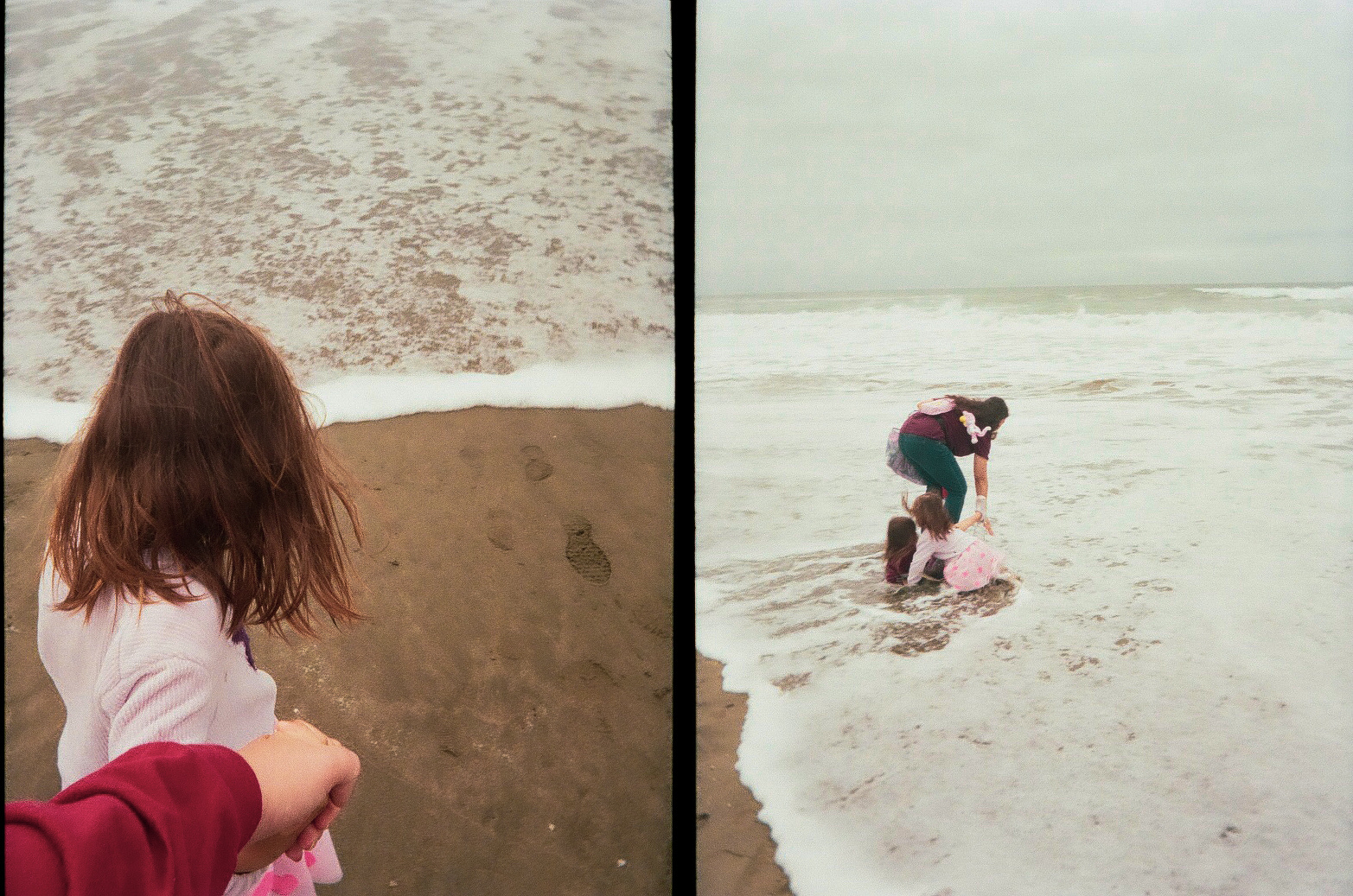 A person is holding a child's hand near the shoreline, and in the next scene, two children are playing in the shallow water while an adult reaches out to assist them.
