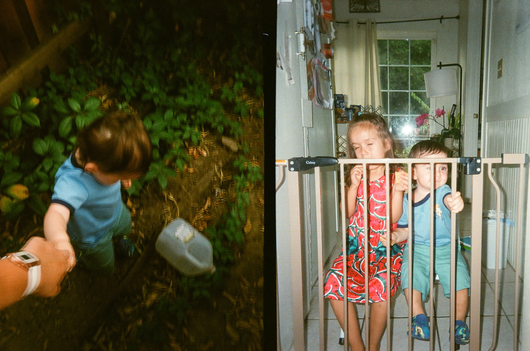 A child is holding an adult's hand while walking outdoors on the left, and two children are standing behind a safety gate inside a room on the right.